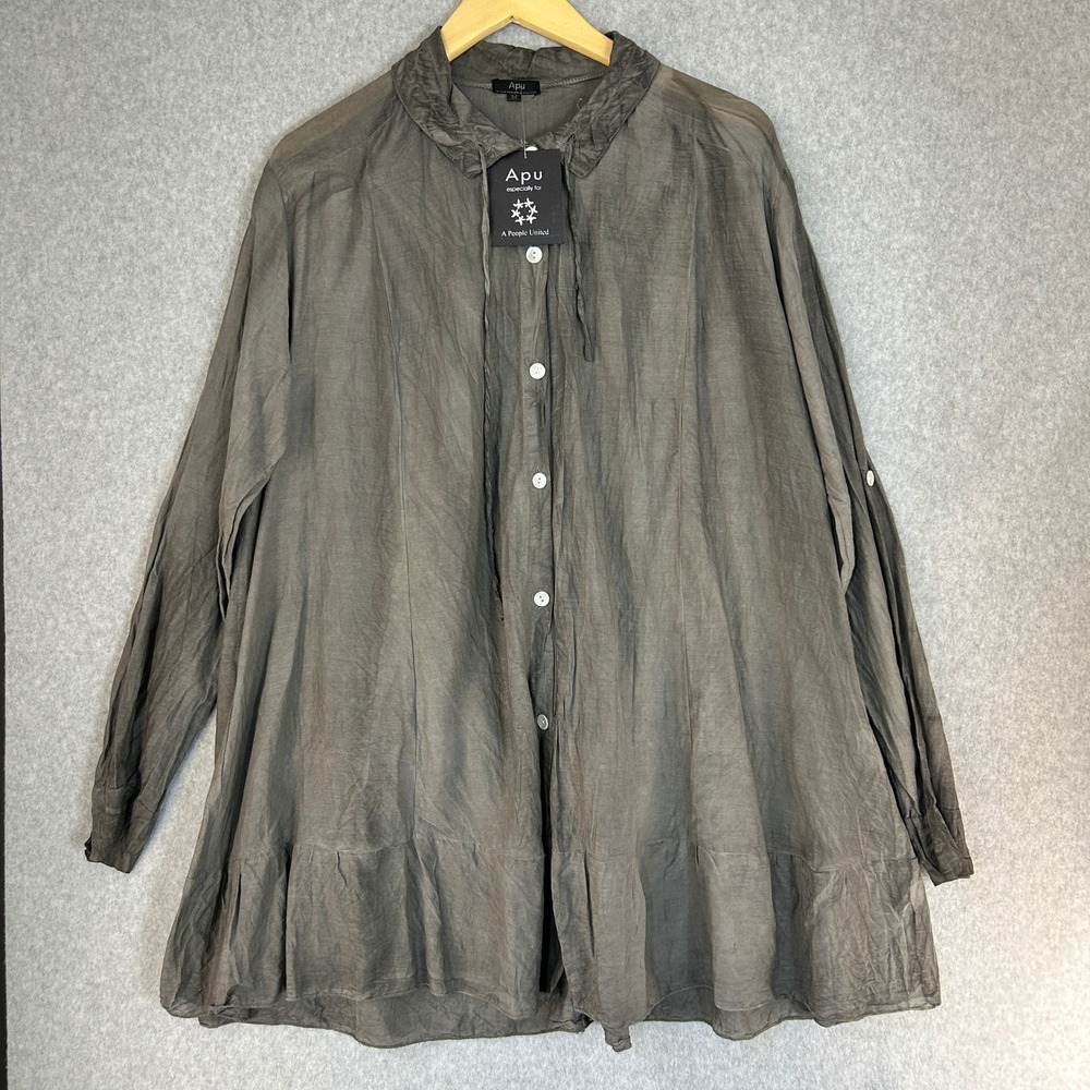 APU A People United Sz Medium Gray Cotton Silk Ruffle Tunic Shirt Lagenlook READ